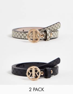 River Island - Set van 2 skinny riemen met monogramprint in bruin en zwart