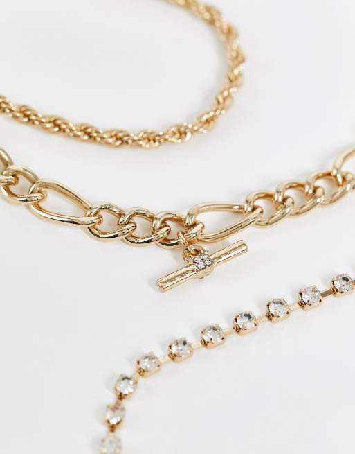 River Island - Set van 3 enkelbandjes met schakels en T-bar in goudkleur, 3 van 4