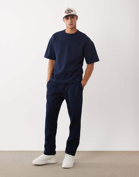 River Island - Set van T-shirt met textuur en joggingbroek in marineblauw - view 1