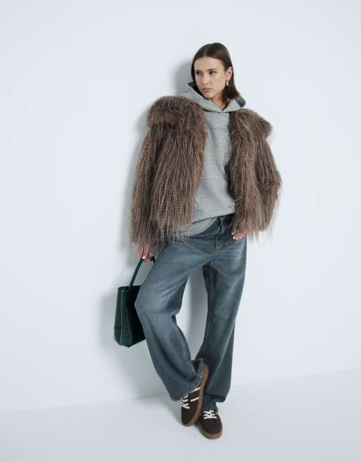 River Island shaggy faux fur coat in brown