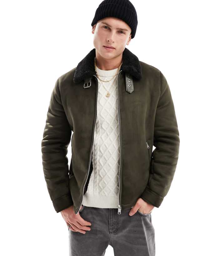 River Island - shearling aviator jacket in dark green