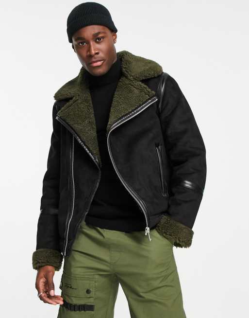 Black shearling biker on sale jacket