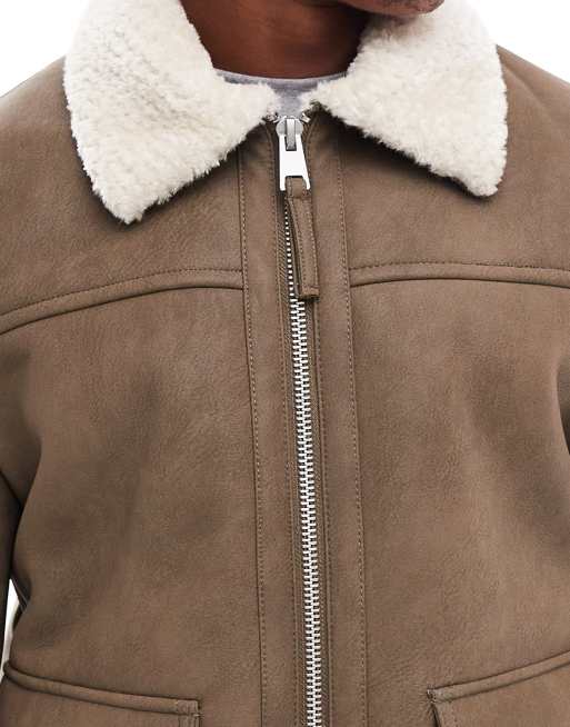 River Island shearling faux nubuck aviator jacket in beige ASOS