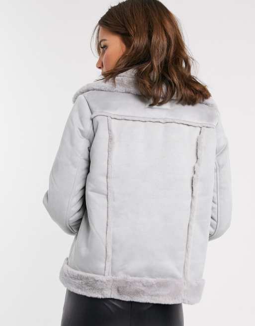 Grey faux suede store shearling fallaway jacket