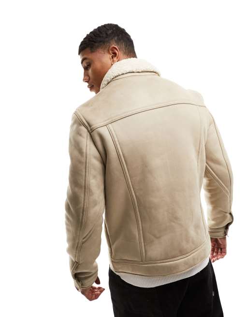 River Island shearling jacket in stone ASOS