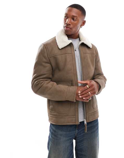 River Island shearling nubuck aviator jacket in beige - view 1