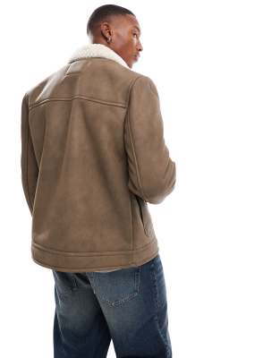 River Island Shearling Nubuck Aviator Jacket In Neutral