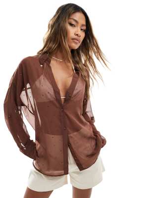 River Island sheer beach shirt in brown (part of a set)
