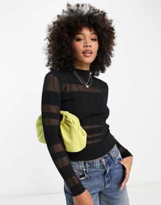 sheer panel long sleeve top in black