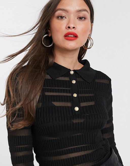 River Island sheer polo knit top in black