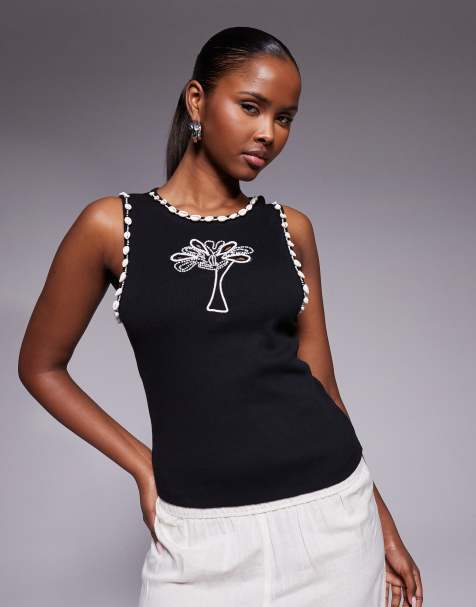 River Island shell detail palm print ribbed tank top in black - view 1