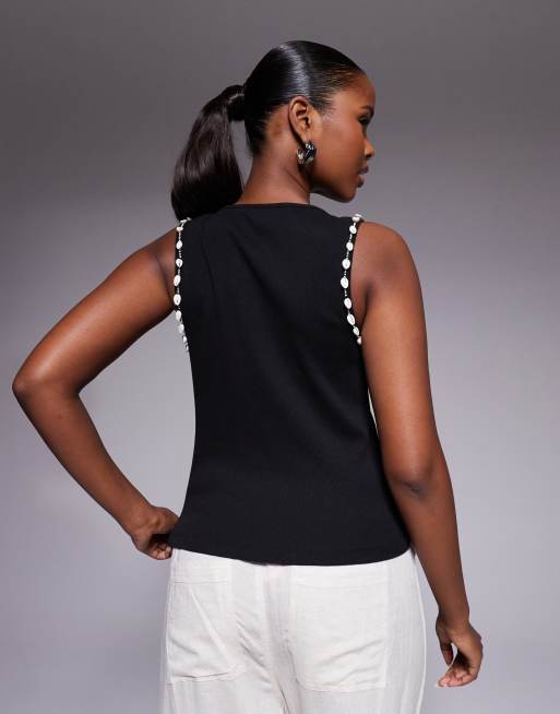 River Island shell detail palm print ribbed vest in black , 3 of 4