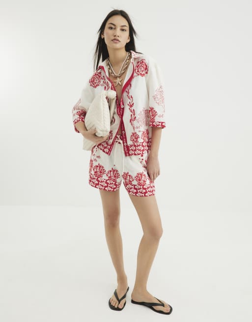 River Island Shell print tie waisted shorts in red