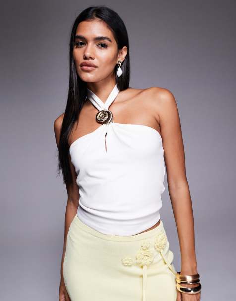 River Island shell trim halter neck top in white - view 1