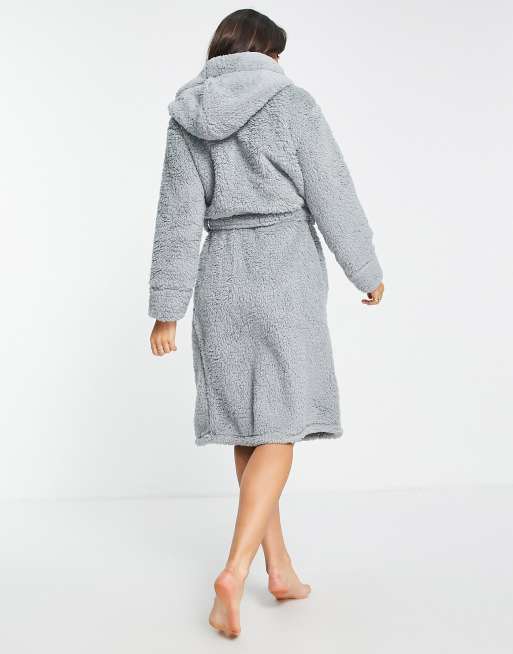 River Island sherpa cosy hooded dressing gown in grey ASOS