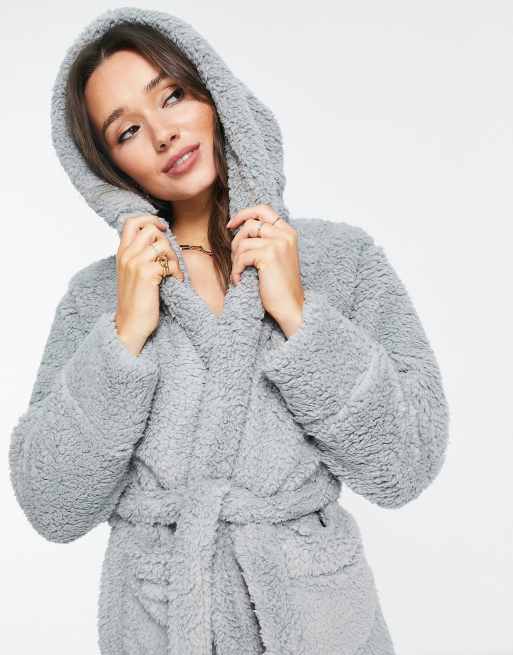 River Island sherpa cosy hooded dressing gown in grey ASOS