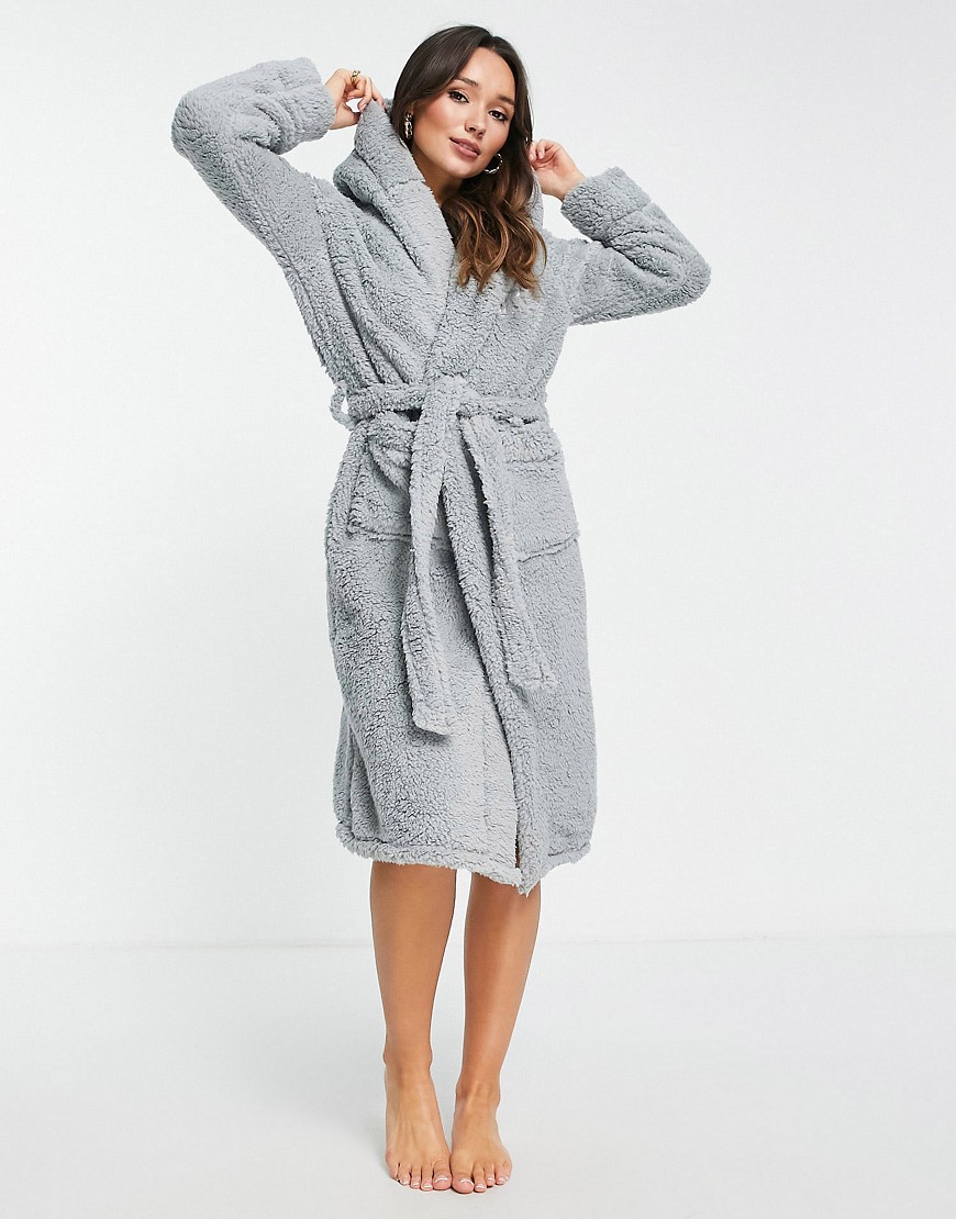 River Island sherpa cozy hooded dressing gown in gray