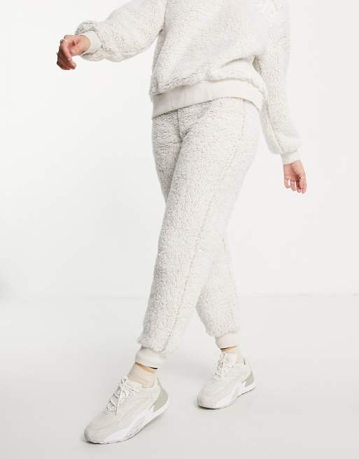 River Island sherpa elasticated waist trackies in beige (part of a set) 