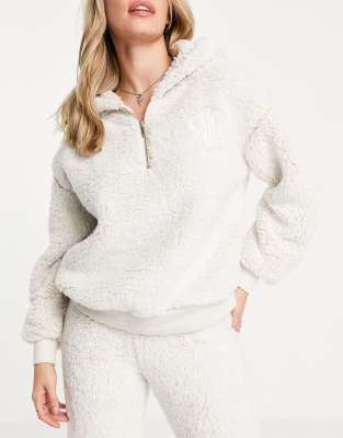 River Island sherpa half zip hoodie co-ord in beige