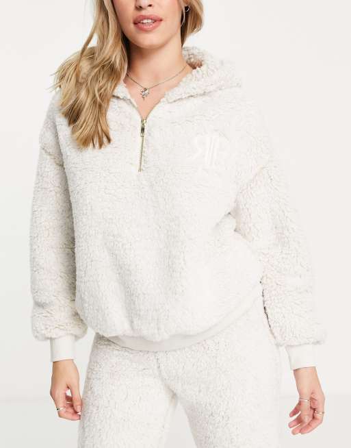 River Island Fluffy Half Zip Hoodie in cream-White