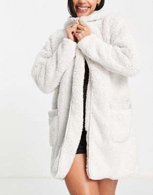 River Island sherpa hooded cosy dressing gown in beige