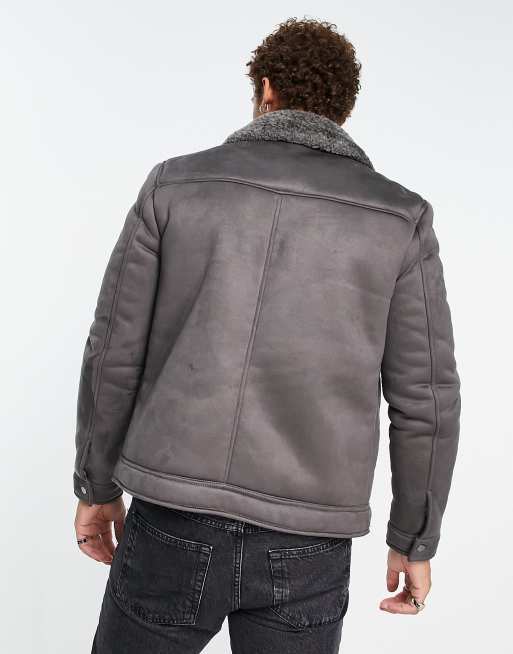 River Island sherpa lined western coat in gray