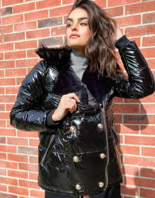 river island faux fur aviator jacket in black