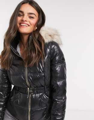 Shiny black coats shop with fur hood