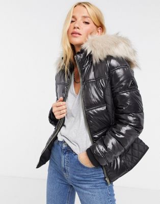 River Island shiny padded belted jacket with faux fur hood ...