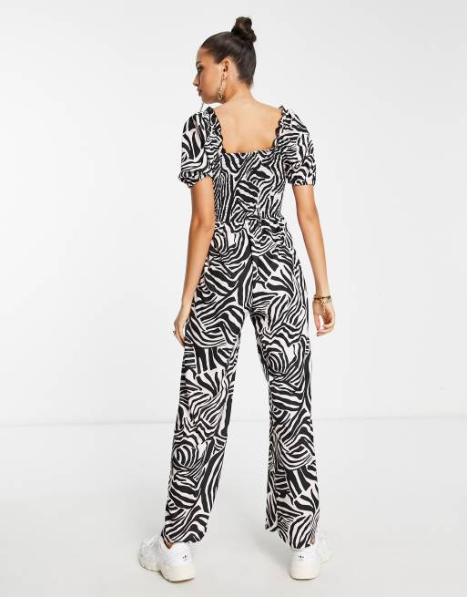 River Island shirred abstract zebra print jumpsuit in black