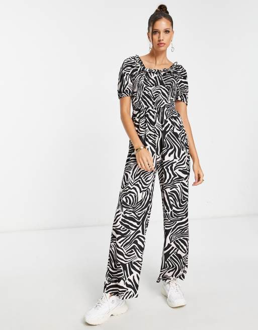 River Island shirred abstract zebra print jumpsuit in black