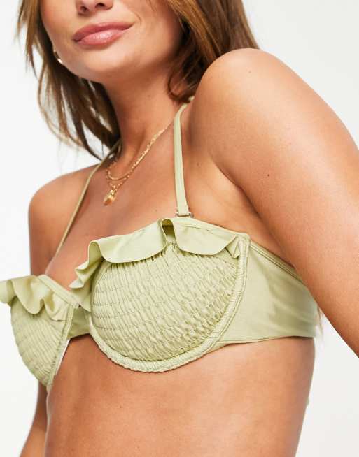 River Island shirred balconette bikini top in green