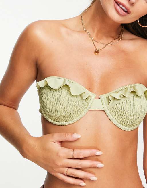 River Island shirred balconette bikini top in green