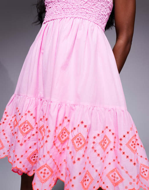 pink bandeau embroidered lace bodycon dress ASOS LUXE gem embellished bandeau maxi dress with scallop hem in pink