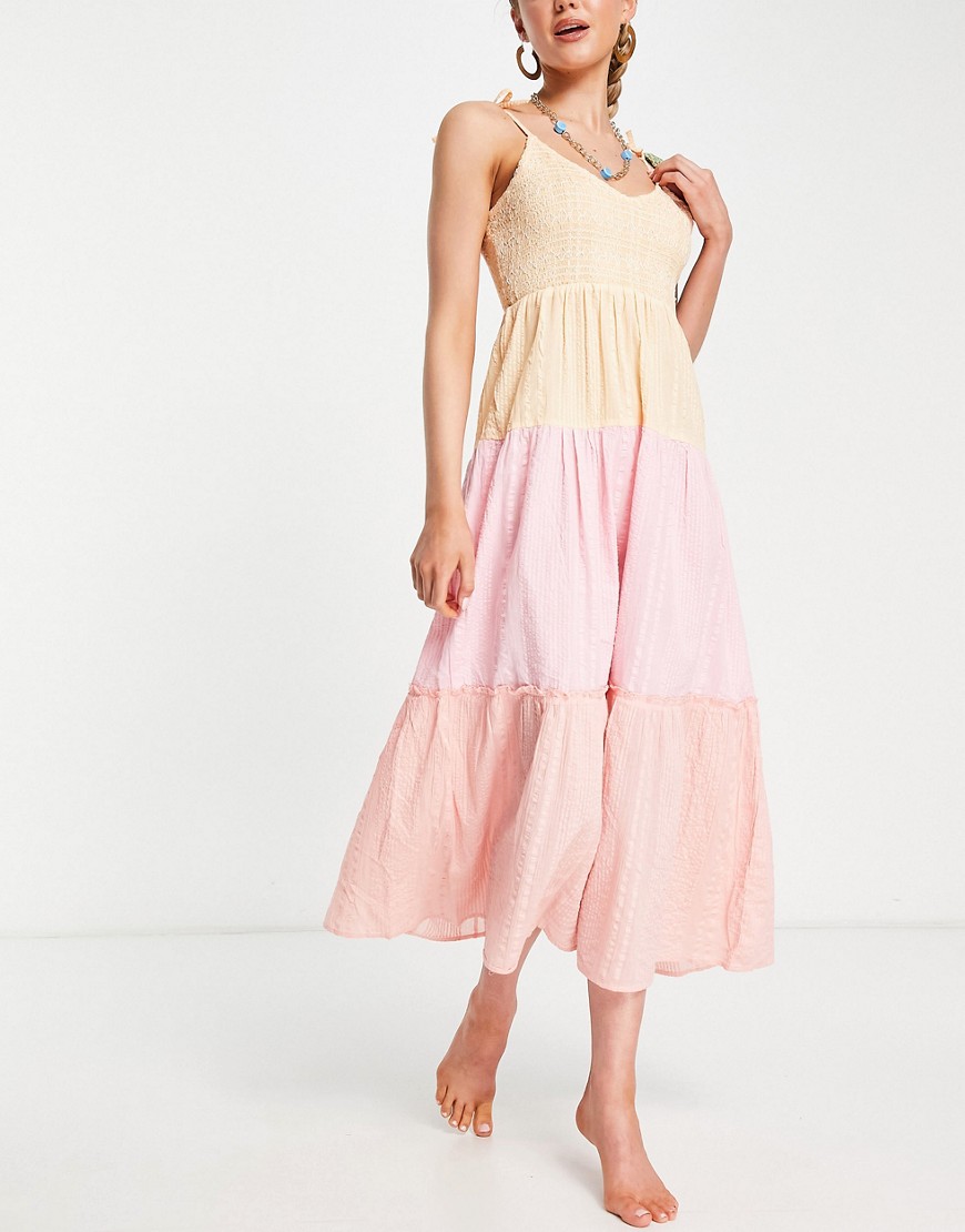River Island shirred contrast tiered midi beach dress in pink