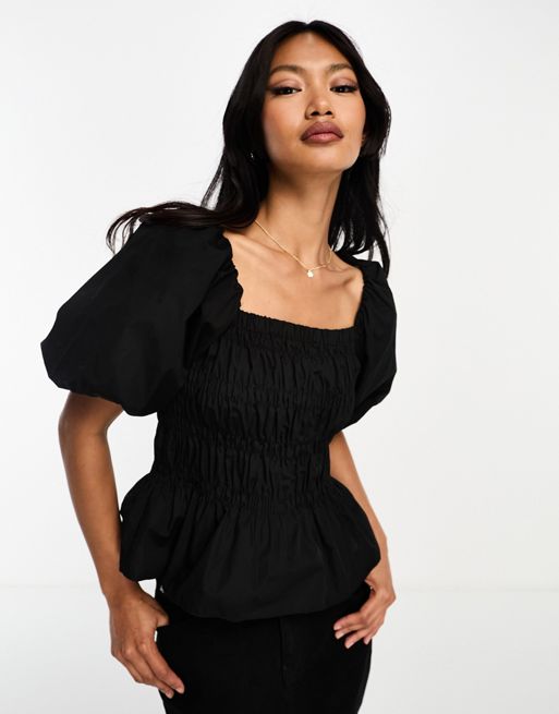 River Island shirred detail blouse with puff sleeves in black | ASOS