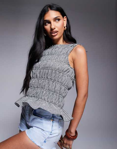 River Island shirred gingham tank top in black - view 1