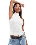 River Island shirred halter top in cream-White