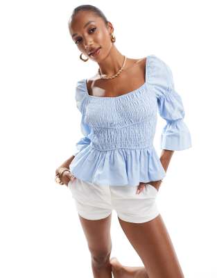 River Island River Island shirred long sleeve top in light blue