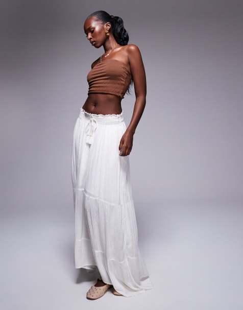 River Island shirred metallic maxi skirt in cream - view 1