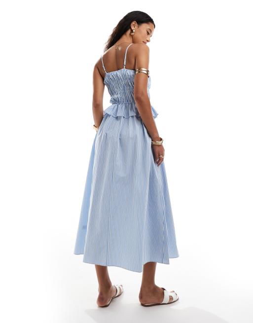 River Island shirred midi dress in blue ASOS