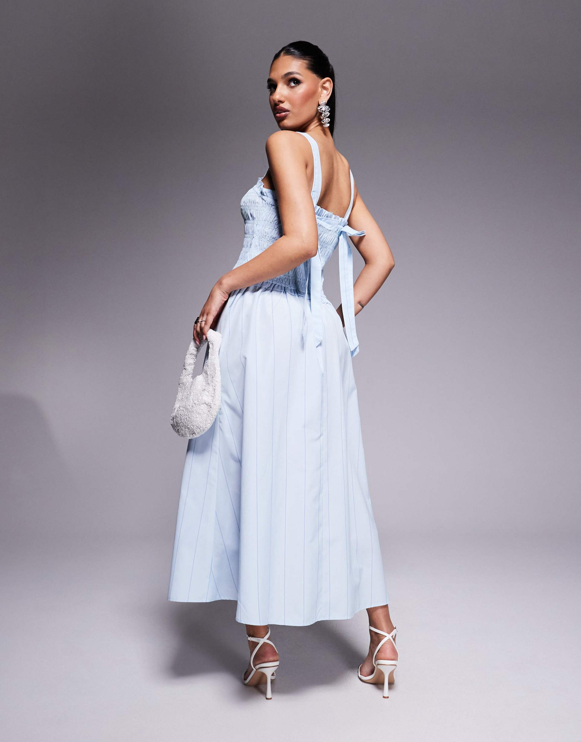 river island shirred midi dress in blue