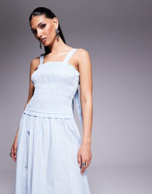 River Island shirred midi dress in blue, 2 of 4