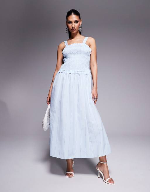River Island shirred midi dress in blue | ASOS