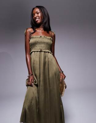 River Island Shirred Midi Dress In Green