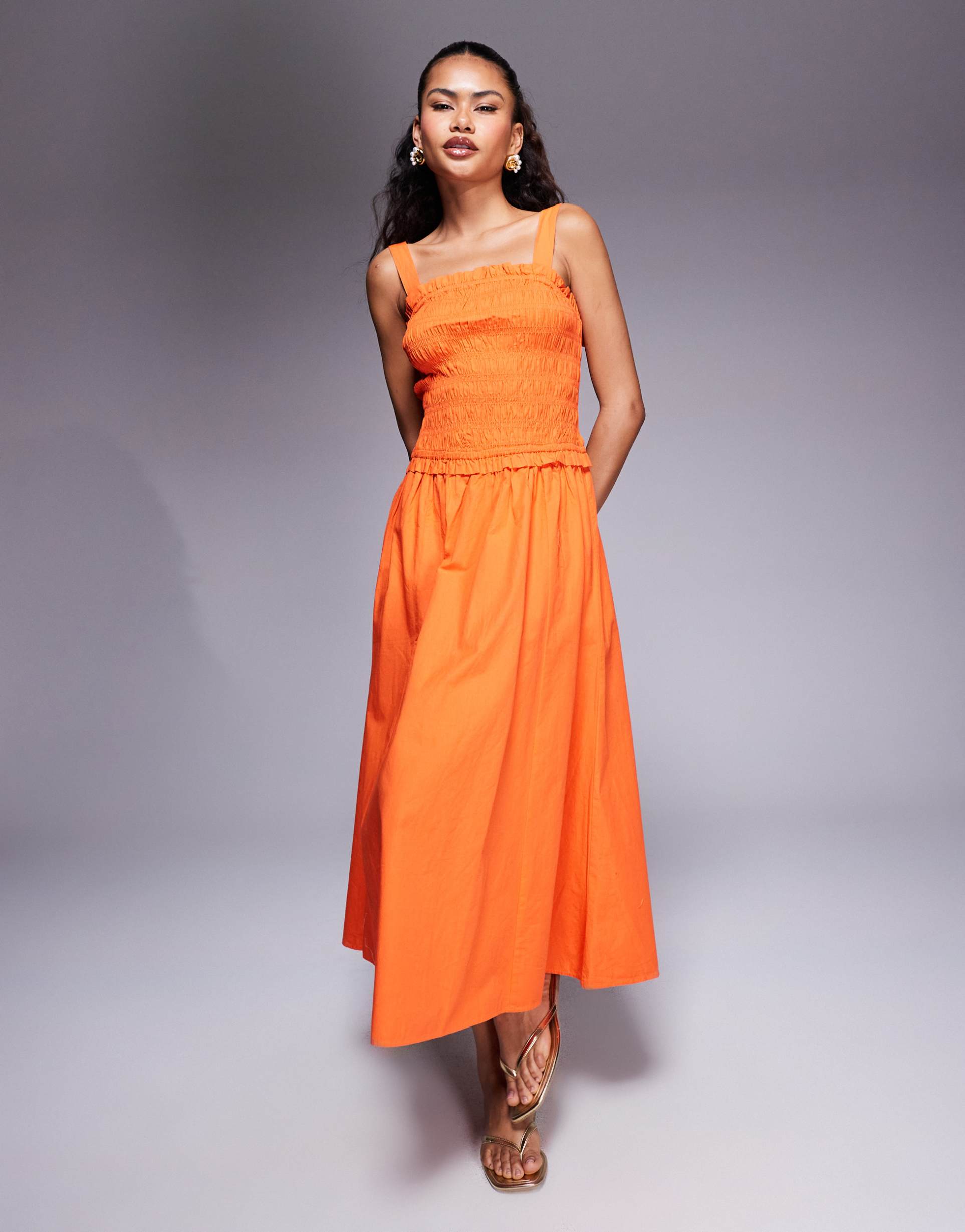 river island shirred midi dress in orange