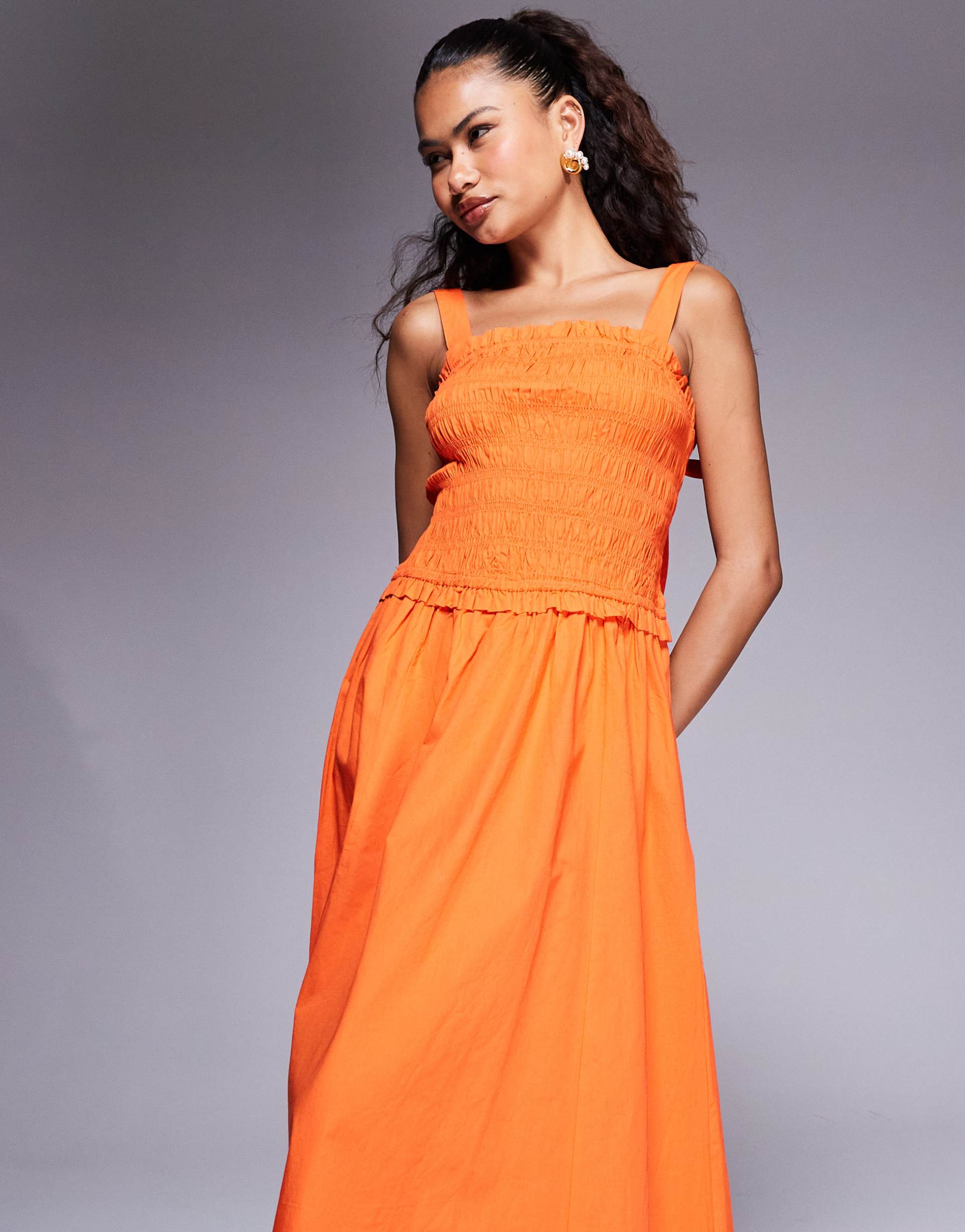 river island shirred midi dress in orange
