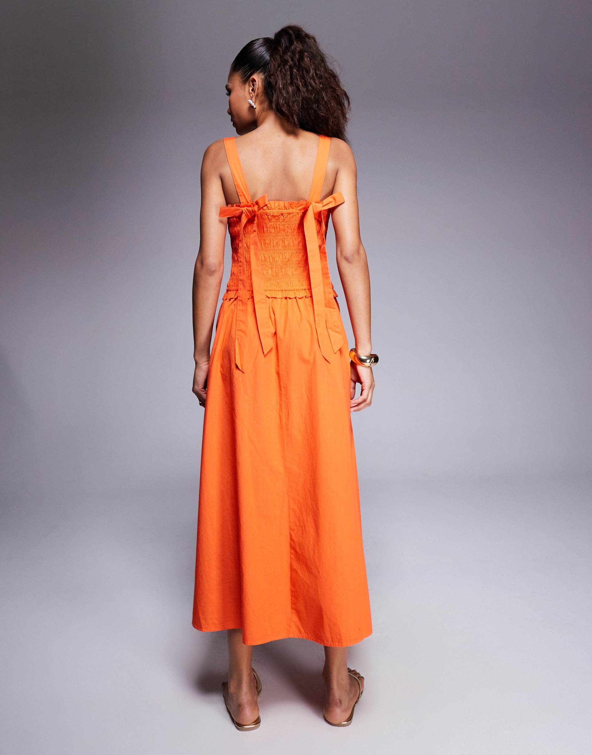 river island shirred midi dress in orange