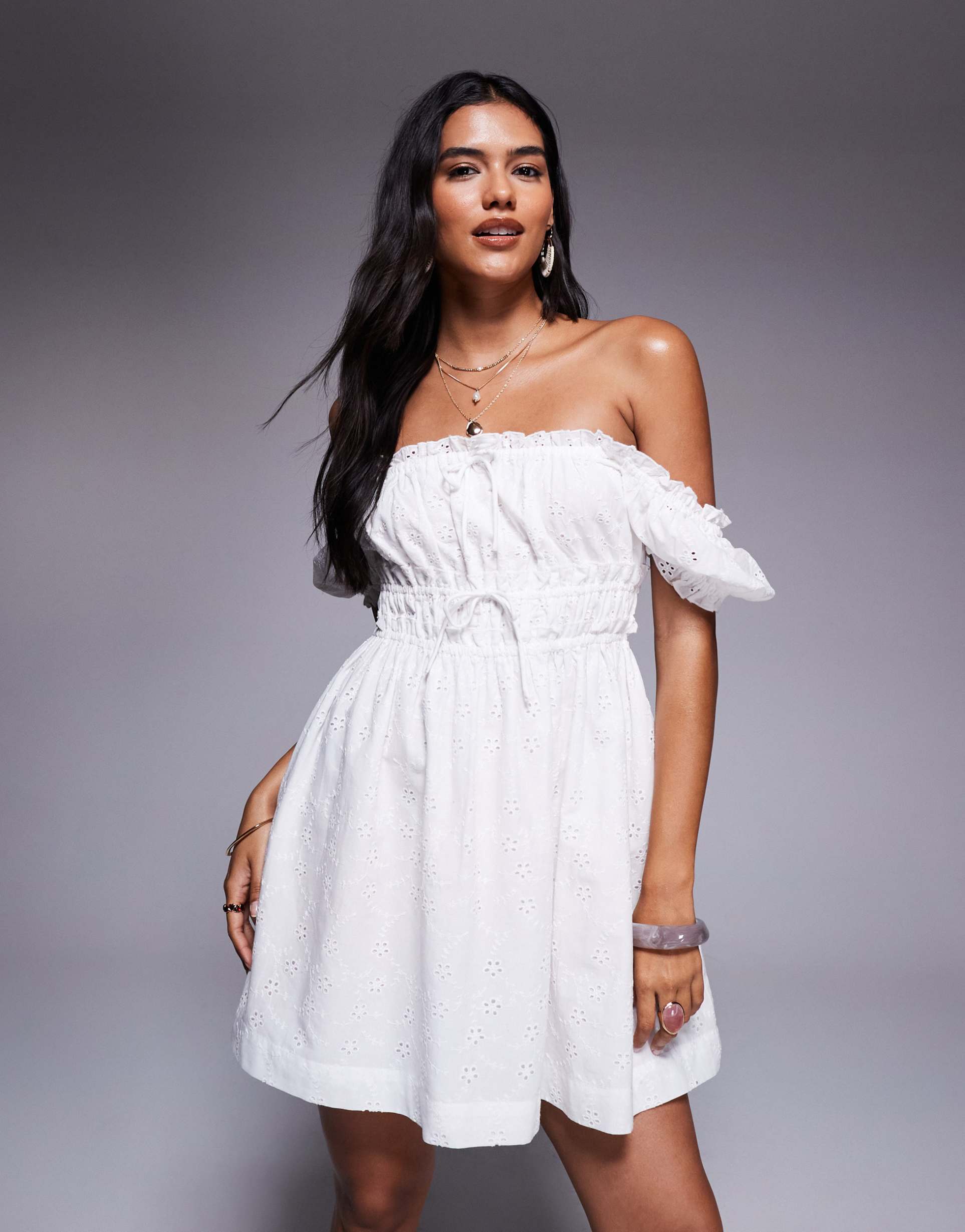 river island shirred mini dress in white