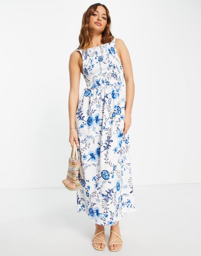 River Island shirred neck floral midi dress in blue